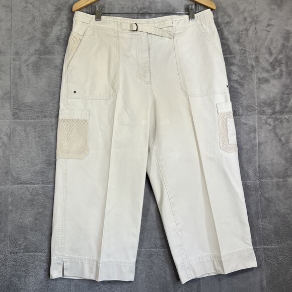 Lauren Ralph Lauren Capri Pants Women 14 Cream Cotton Canvas Belt Cargo Safari - Picture 1 of 14